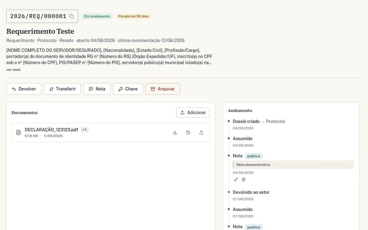 DocCentral: dossiê com protocolo, documentos e andamento